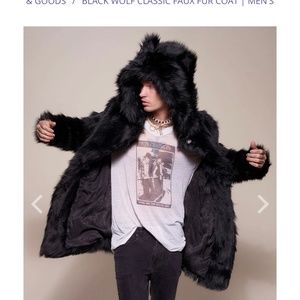XL Spirit Hood Black Wolf Faux Fur Coat